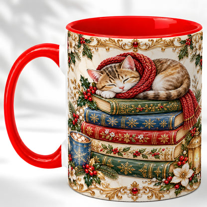 Cozy Christmas Cat Coffee Mug, Book Lover Mug, Ceramic Cup