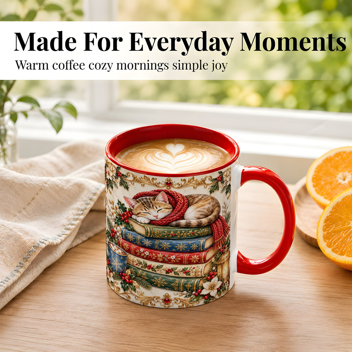 #pl[11oz|Red] Cozy Christmas Cat Coffee Mug, Book Lover Mug, Ceramic Cup