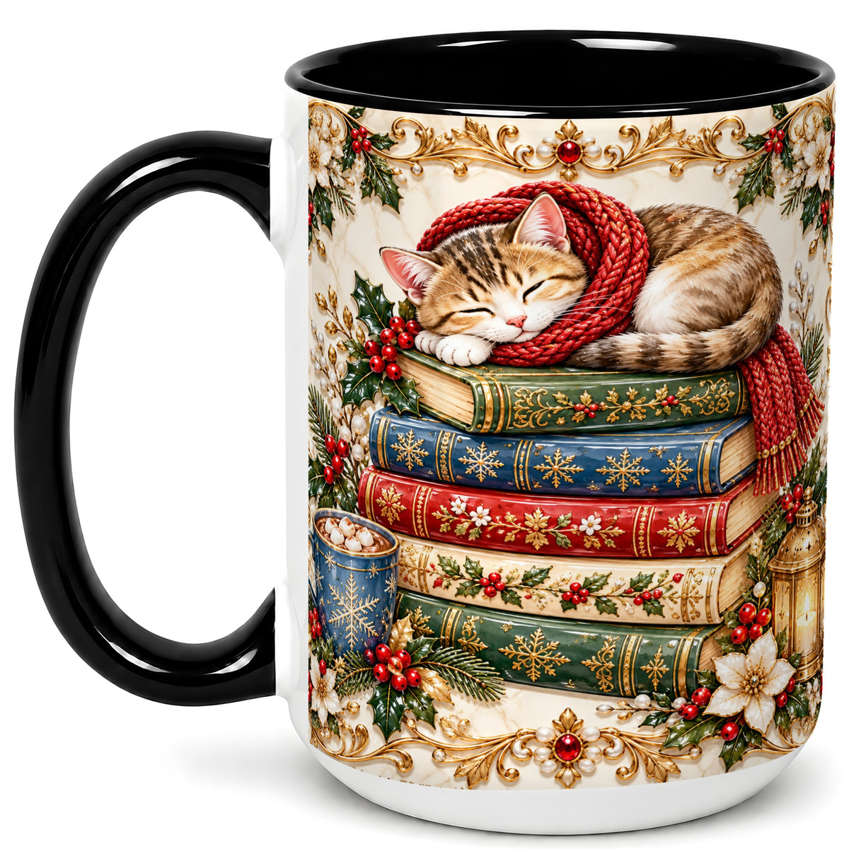 #pl[15oz|Black] Cozy Christmas Cat Coffee Mug, Book Lover Mug, Ceramic Cup