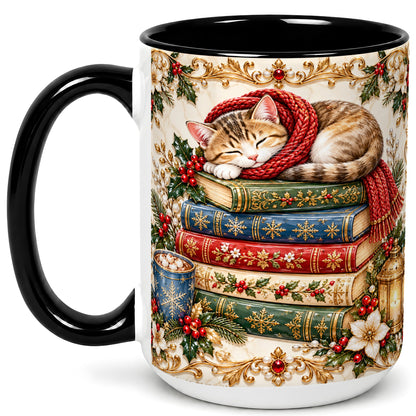 #pl[15oz|Black] Cozy Christmas Cat Coffee Mug, Book Lover Mug, Ceramic Cup