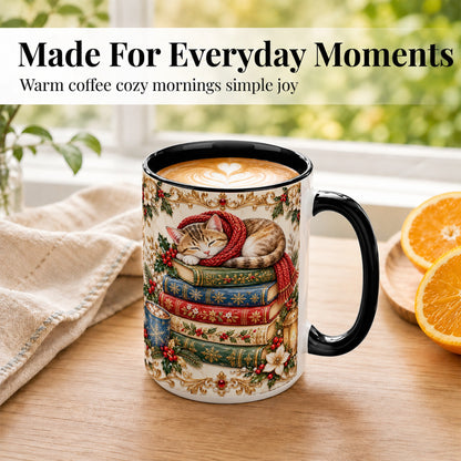 #pl[15oz|Black] Cozy Christmas Cat Coffee Mug, Book Lover Mug, Ceramic Cup