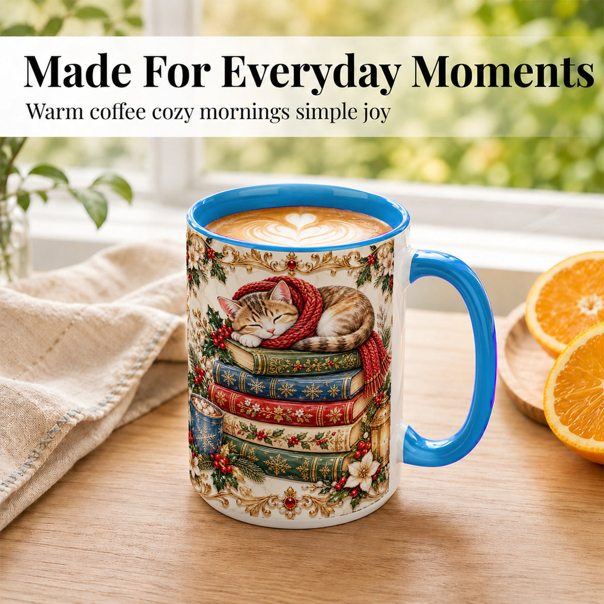 #pl[15oz|Blue] Cozy Christmas Cat Coffee Mug, Book Lover Mug, Ceramic Cup