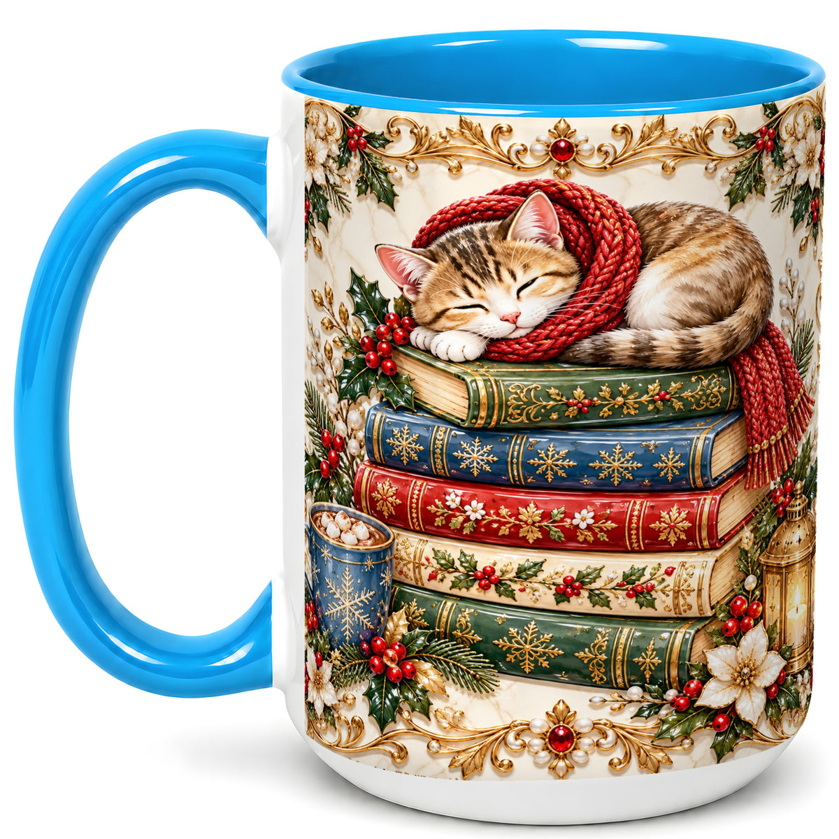 #pl[15oz|Blue] Cozy Christmas Cat Coffee Mug, Book Lover Mug, Ceramic Cup