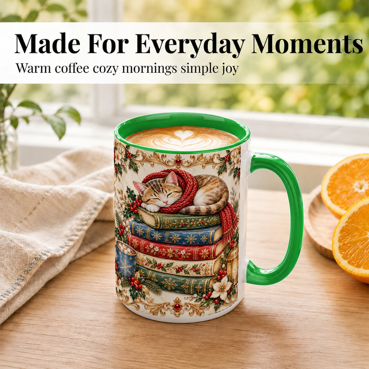 #pl[15oz|Green] Cozy Christmas Cat Coffee Mug, Book Lover Mug, Ceramic Cup