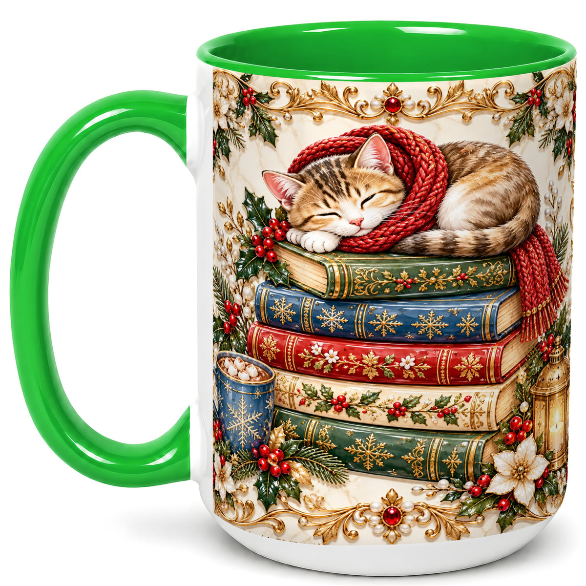 #pl[15oz|Green] Cozy Christmas Cat Coffee Mug, Book Lover Mug, Ceramic Cup