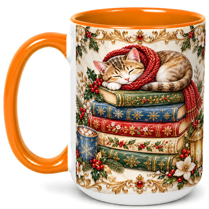 #pl[15oz|Orange] Cozy Christmas Cat Coffee Mug, Book Lover Mug, Ceramic Cup