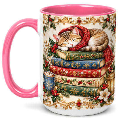 #pl[15oz|Pink] Cozy Christmas Cat Coffee Mug, Book Lover Mug, Ceramic Cup