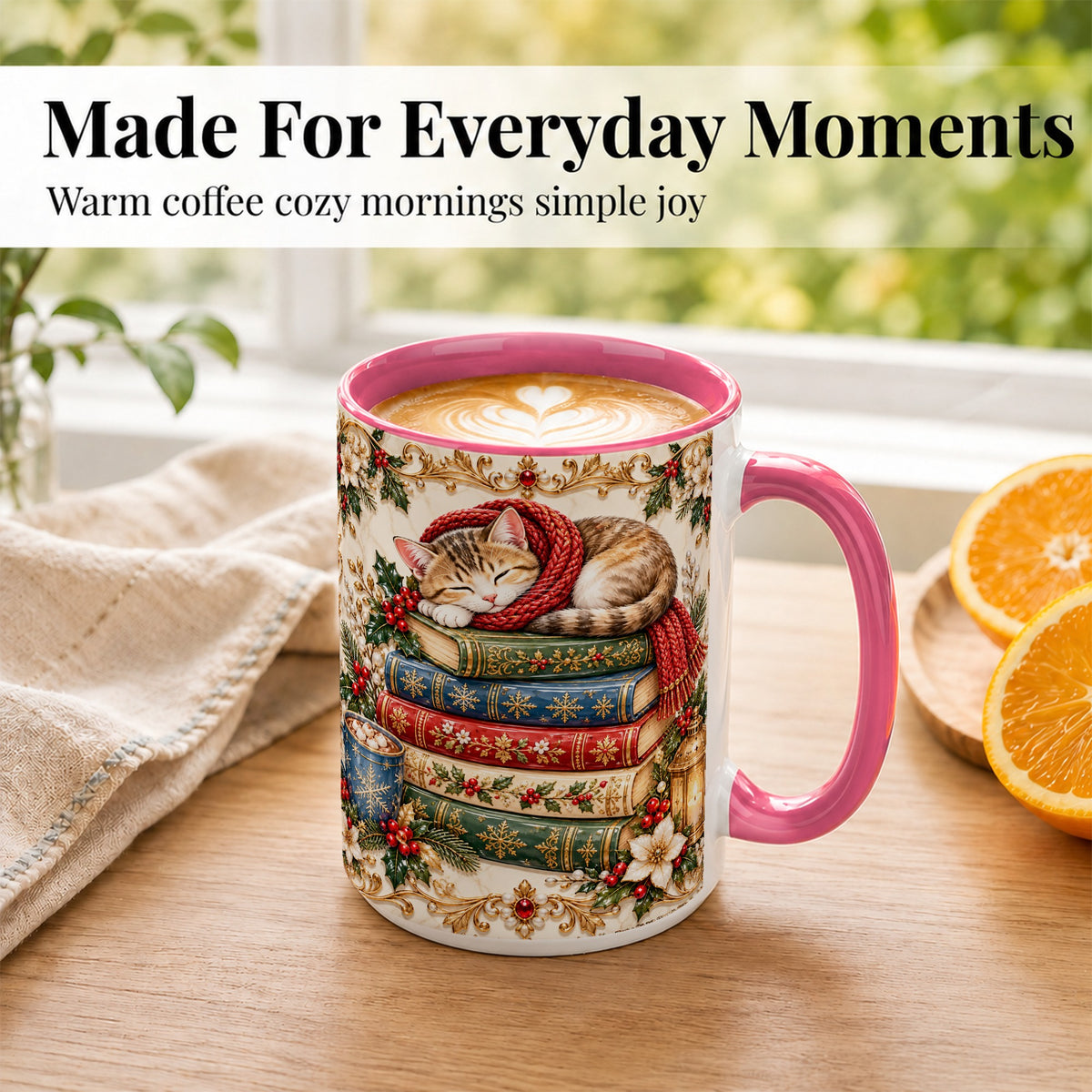 #pl[15oz|Pink] Cozy Christmas Cat Coffee Mug, Book Lover Mug, Ceramic Cup