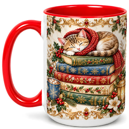 #pl[15oz|Red] Cozy Christmas Cat Coffee Mug, Book Lover Mug, Ceramic Cup