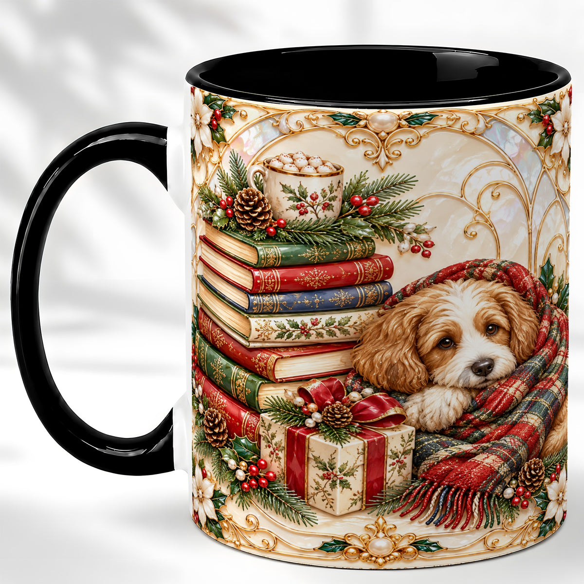 #pl[11oz|Black] Christmas Dog Books Coffee Mug, Cozy Reader Mug, Ceramic Cup