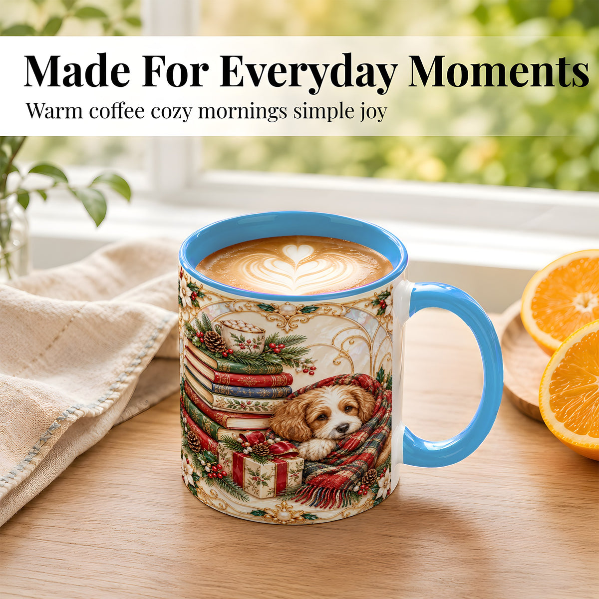 #pl[11oz|Blue] Christmas Dog Books Coffee Mug, Cozy Reader Mug, Ceramic Cup