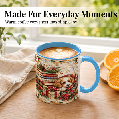 #pl[11oz|Blue] Christmas Dog Books Coffee Mug, Cozy Reader Mug, Ceramic Cup