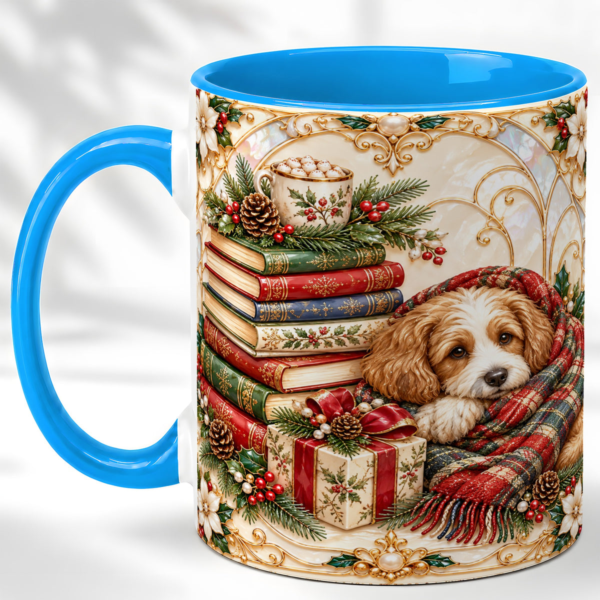 #pl[11oz|Blue] Christmas Dog Books Coffee Mug, Cozy Reader Mug, Ceramic Cup