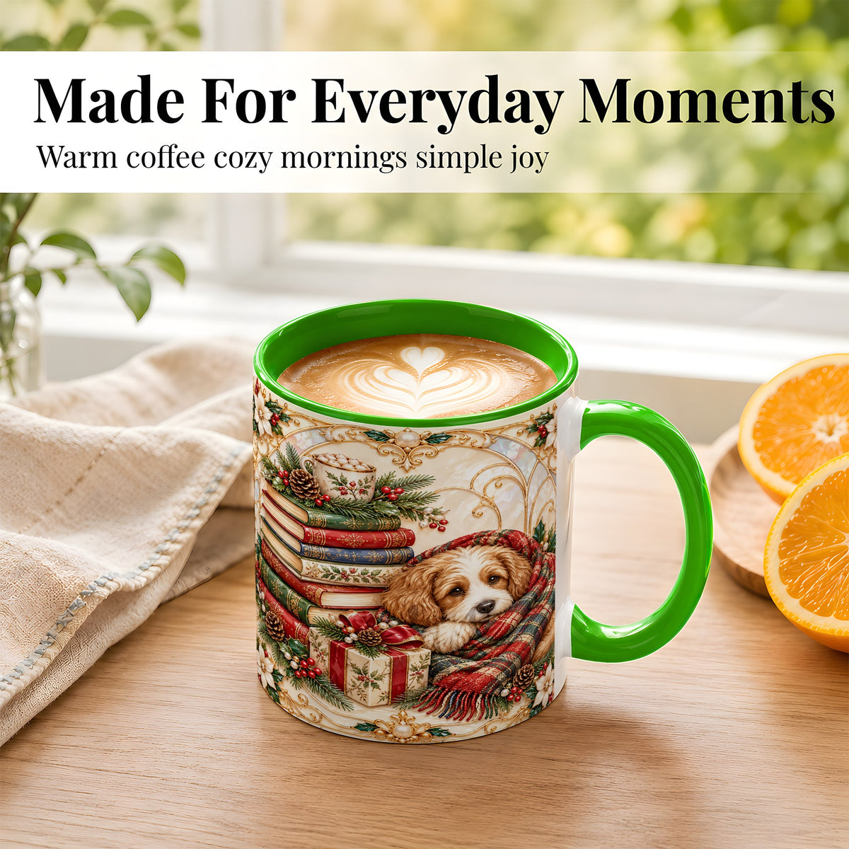 #pl[11oz|Green] Christmas Dog Books Coffee Mug, Cozy Reader Mug, Ceramic Cup