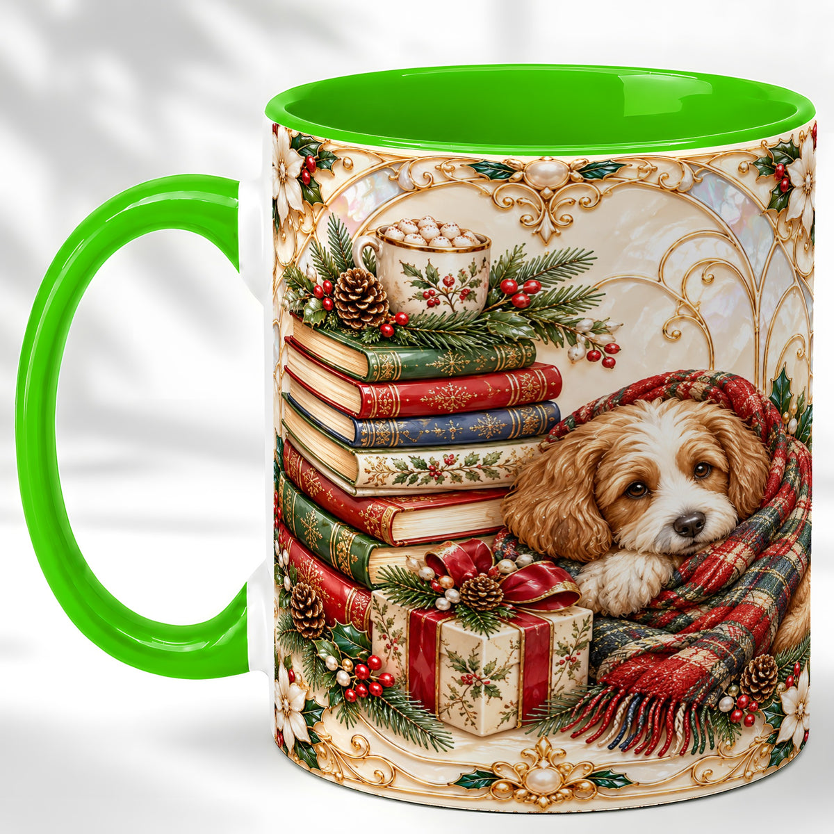 #pl[11oz|Green] Christmas Dog Books Coffee Mug, Cozy Reader Mug, Ceramic Cup