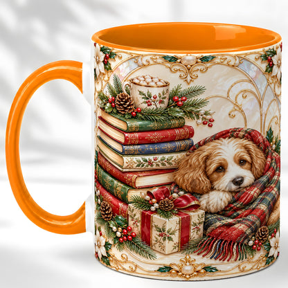 #pl[11oz|Orange] Christmas Dog Books Coffee Mug, Cozy Reader Mug, Ceramic Cup