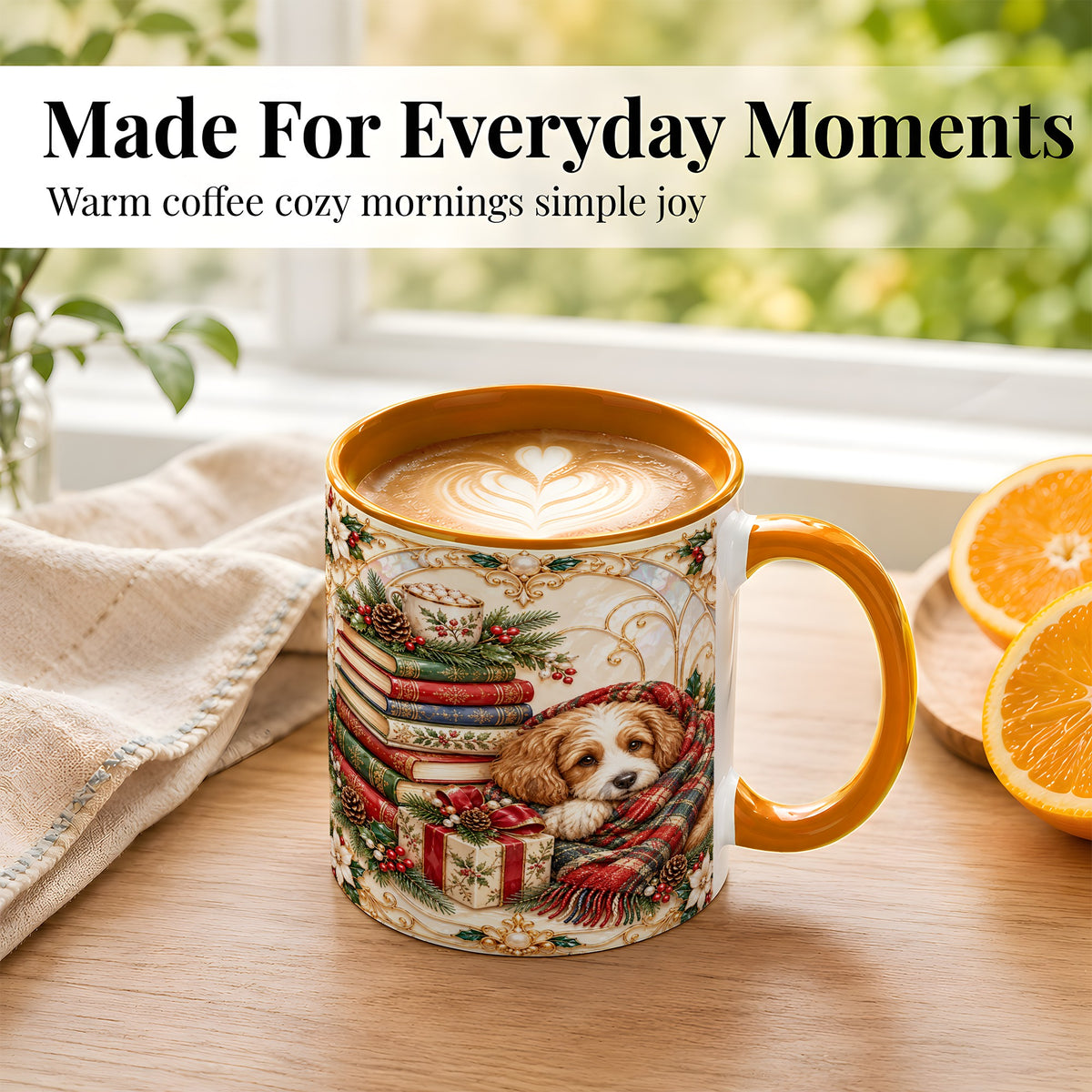 #pl[11oz|Orange] Christmas Dog Books Coffee Mug, Cozy Reader Mug, Ceramic Cup