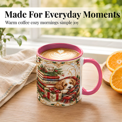 #pl[11oz|Pink] Christmas Dog Books Coffee Mug, Cozy Reader Mug, Ceramic Cup