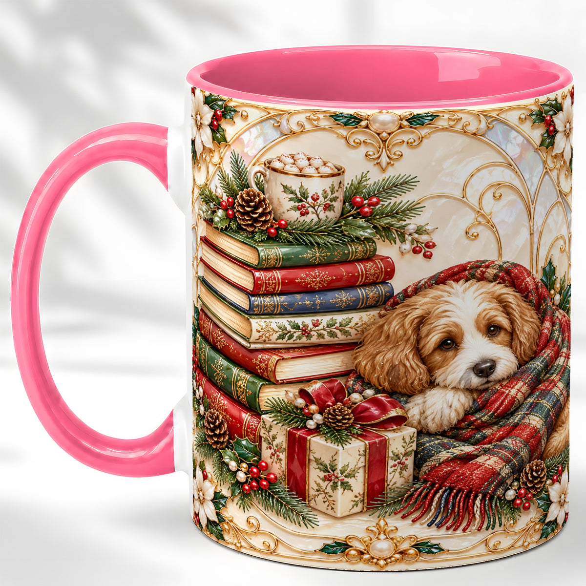 #pl[11oz|Pink] Christmas Dog Books Coffee Mug, Cozy Reader Mug, Ceramic Cup