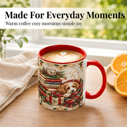 #pl[11oz|Red] Christmas Dog Books Coffee Mug, Cozy Reader Mug, Ceramic Cup