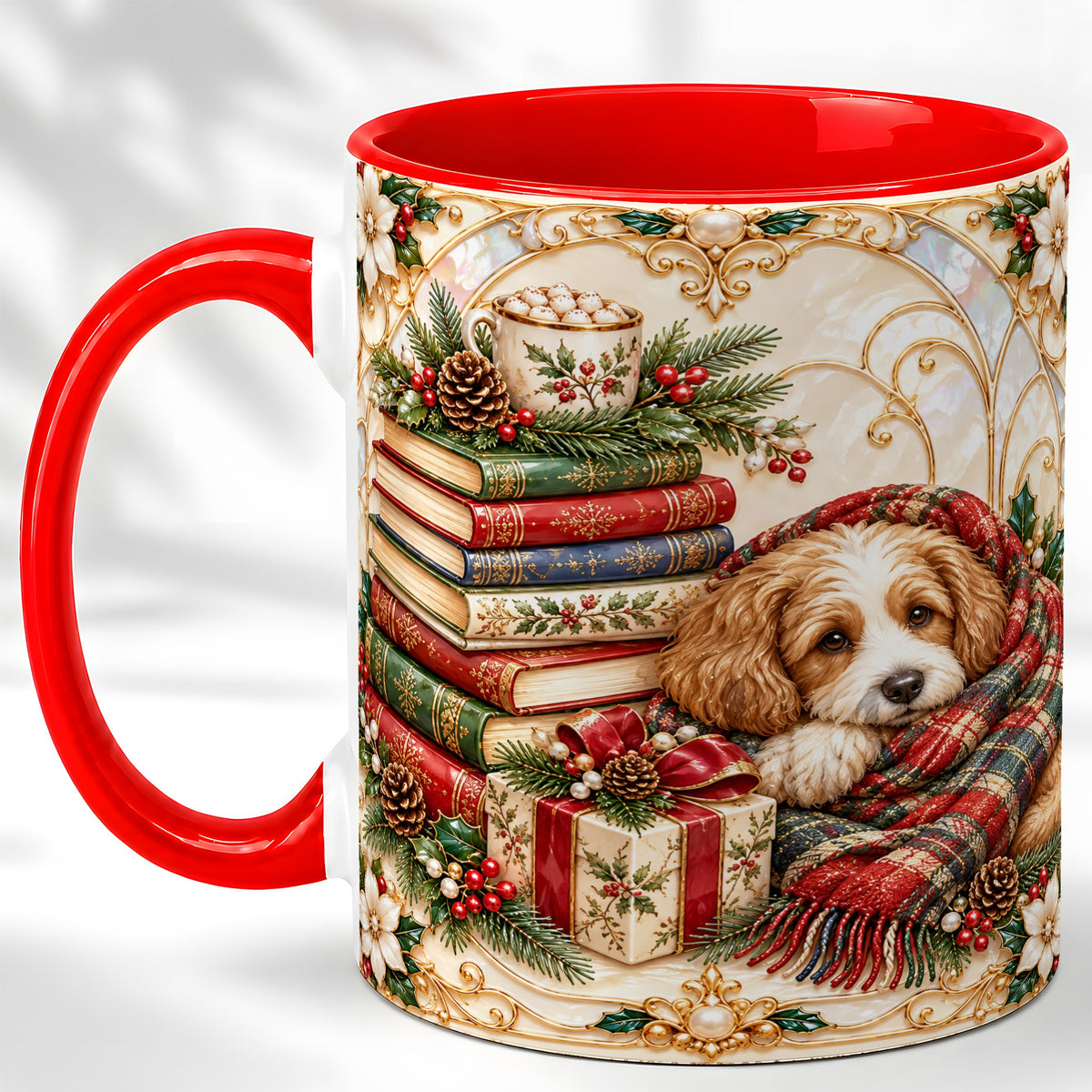 Christmas Dog Books Coffee Mug, Cozy Reader Mug, Ceramic Cup