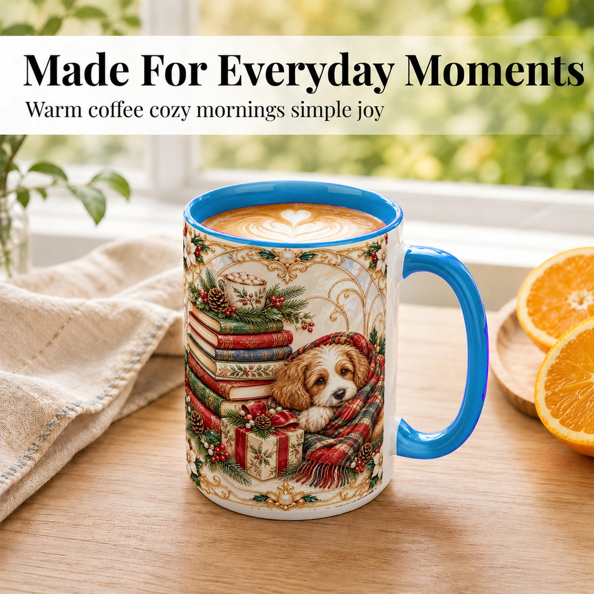 #pl[15oz|Blue] Christmas Dog Books Coffee Mug, Cozy Reader Mug, Ceramic Cup