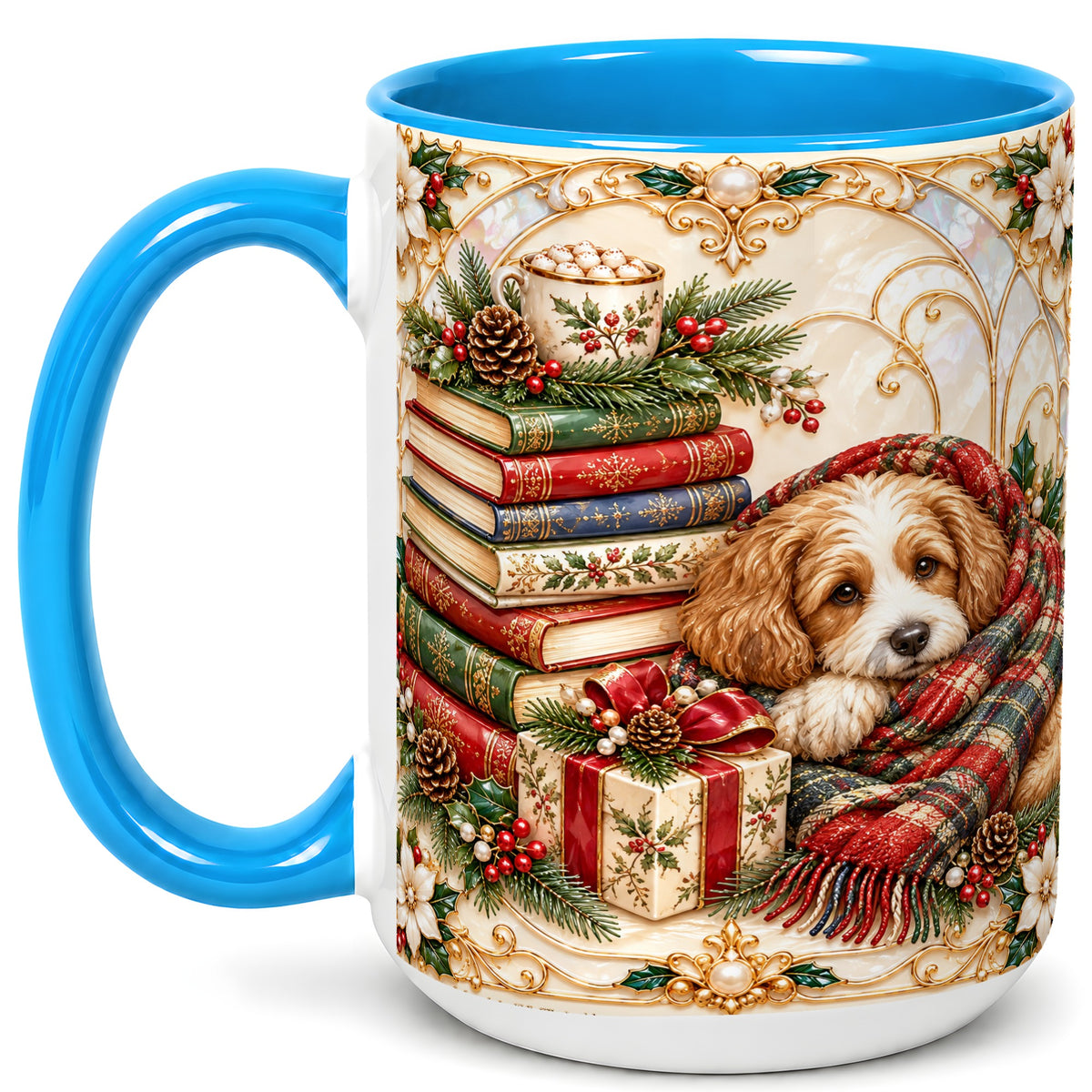 #pl[15oz|Blue] Christmas Dog Books Coffee Mug, Cozy Reader Mug, Ceramic Cup