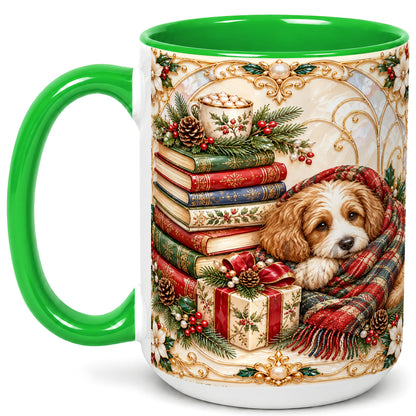 #pl[15oz|Green] Christmas Dog Books Coffee Mug, Cozy Reader Mug, Ceramic Cup