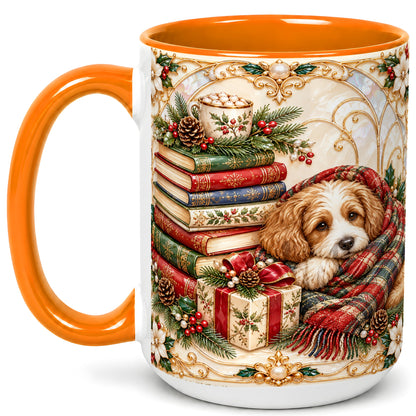 #pl[15oz|Orange] Christmas Dog Books Coffee Mug, Cozy Reader Mug, Ceramic Cup