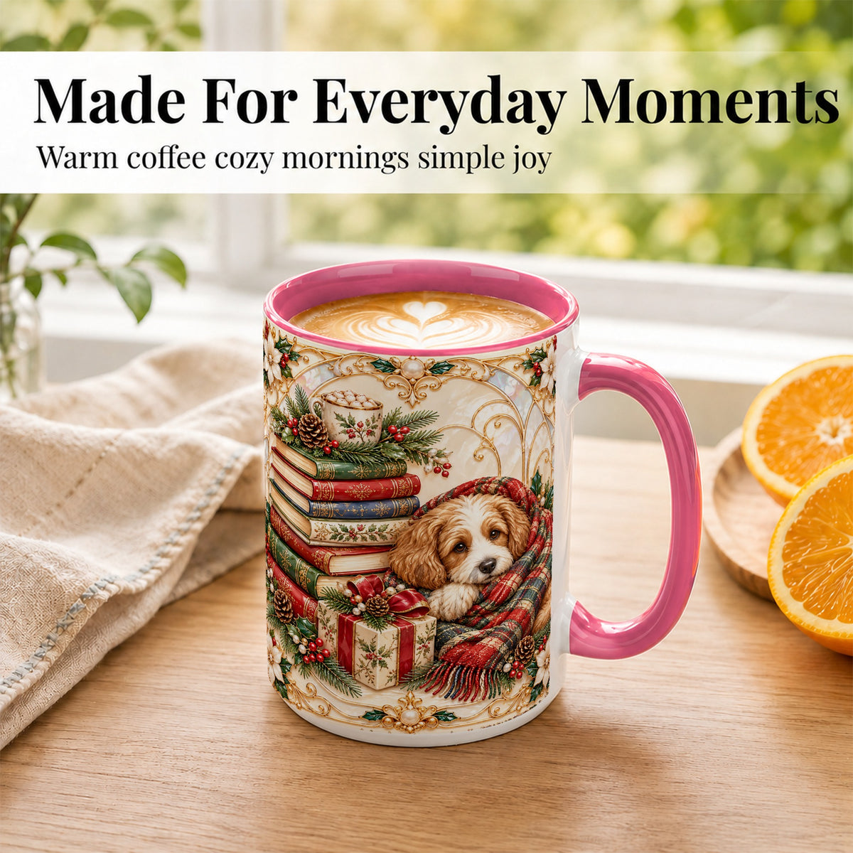 #pl[15oz|Pink] Christmas Dog Books Coffee Mug, Cozy Reader Mug, Ceramic Cup