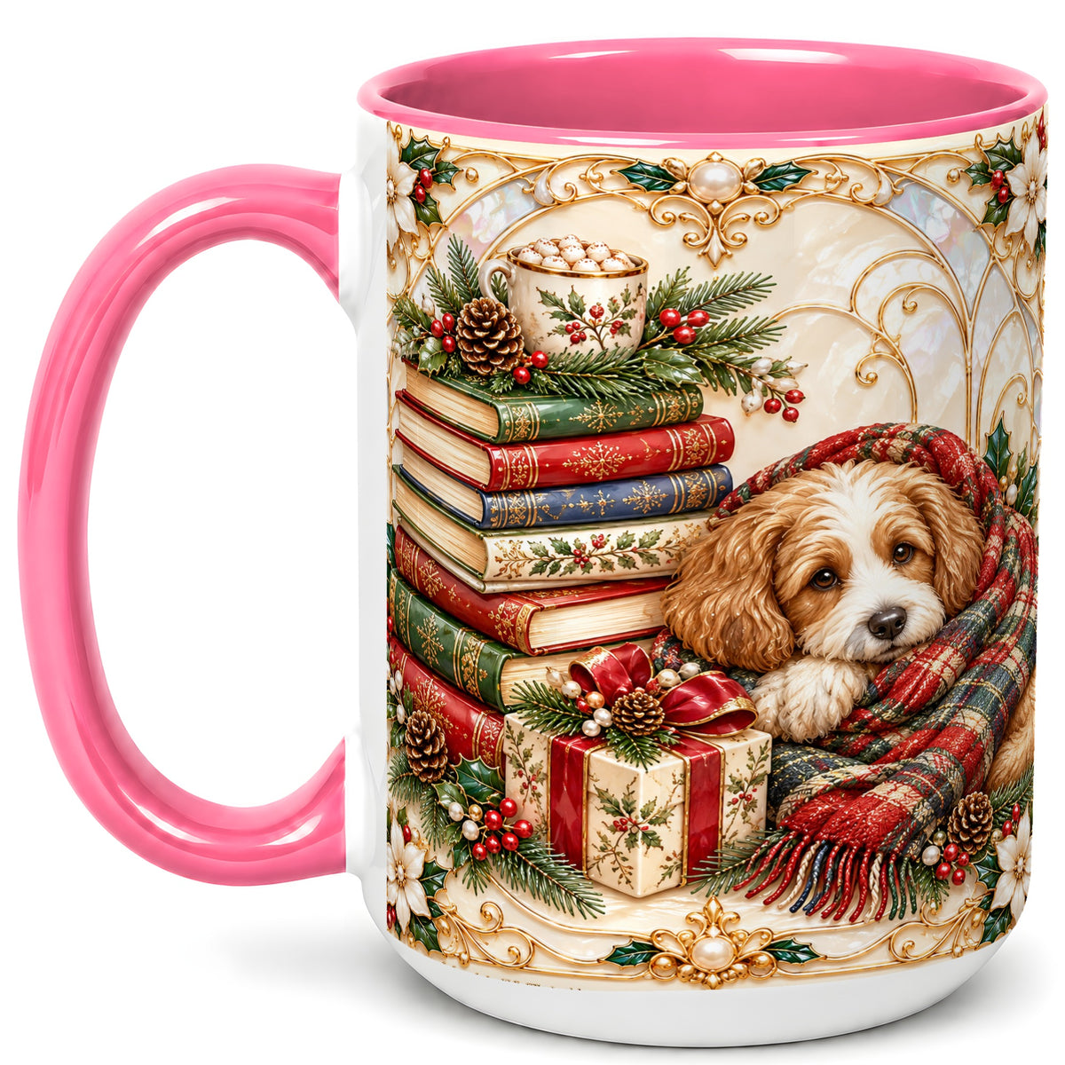 #pl[15oz|Pink] Christmas Dog Books Coffee Mug, Cozy Reader Mug, Ceramic Cup
