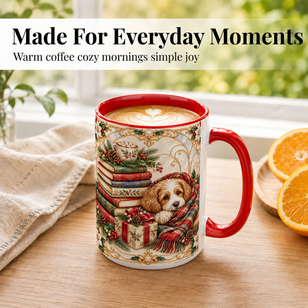 #pl[15oz|Red] Christmas Dog Books Coffee Mug, Cozy Reader Mug, Ceramic Cup