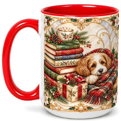 #pl[15oz|Red] Christmas Dog Books Coffee Mug, Cozy Reader Mug, Ceramic Cup