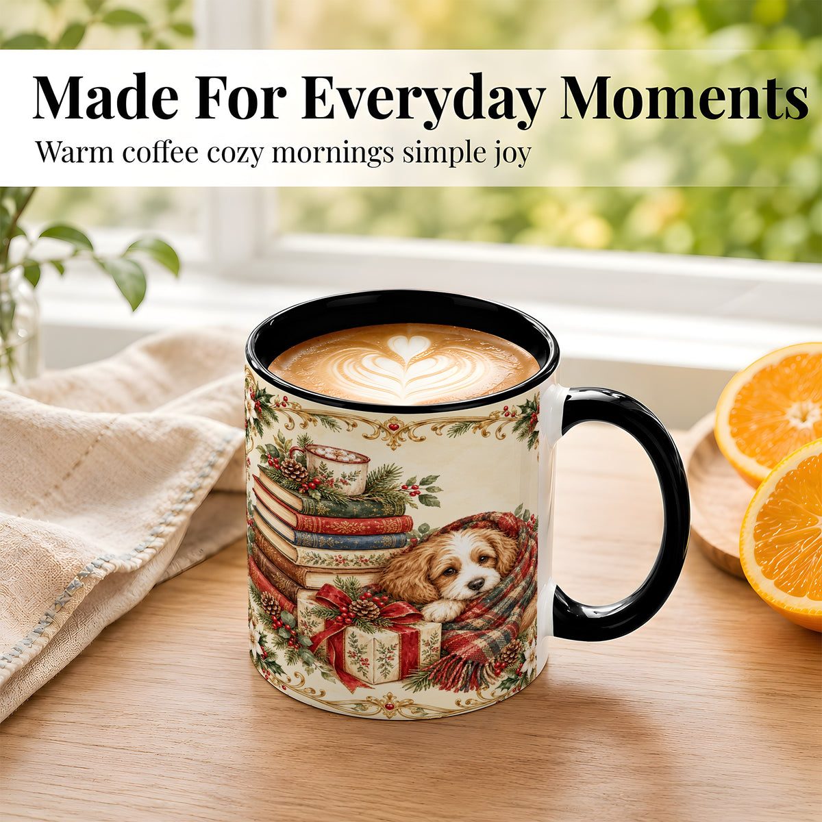 #pl[11oz|Black] Christmas Dog Books Coffee Mug, Cozy Puppy Mug, Ceramic Cup
