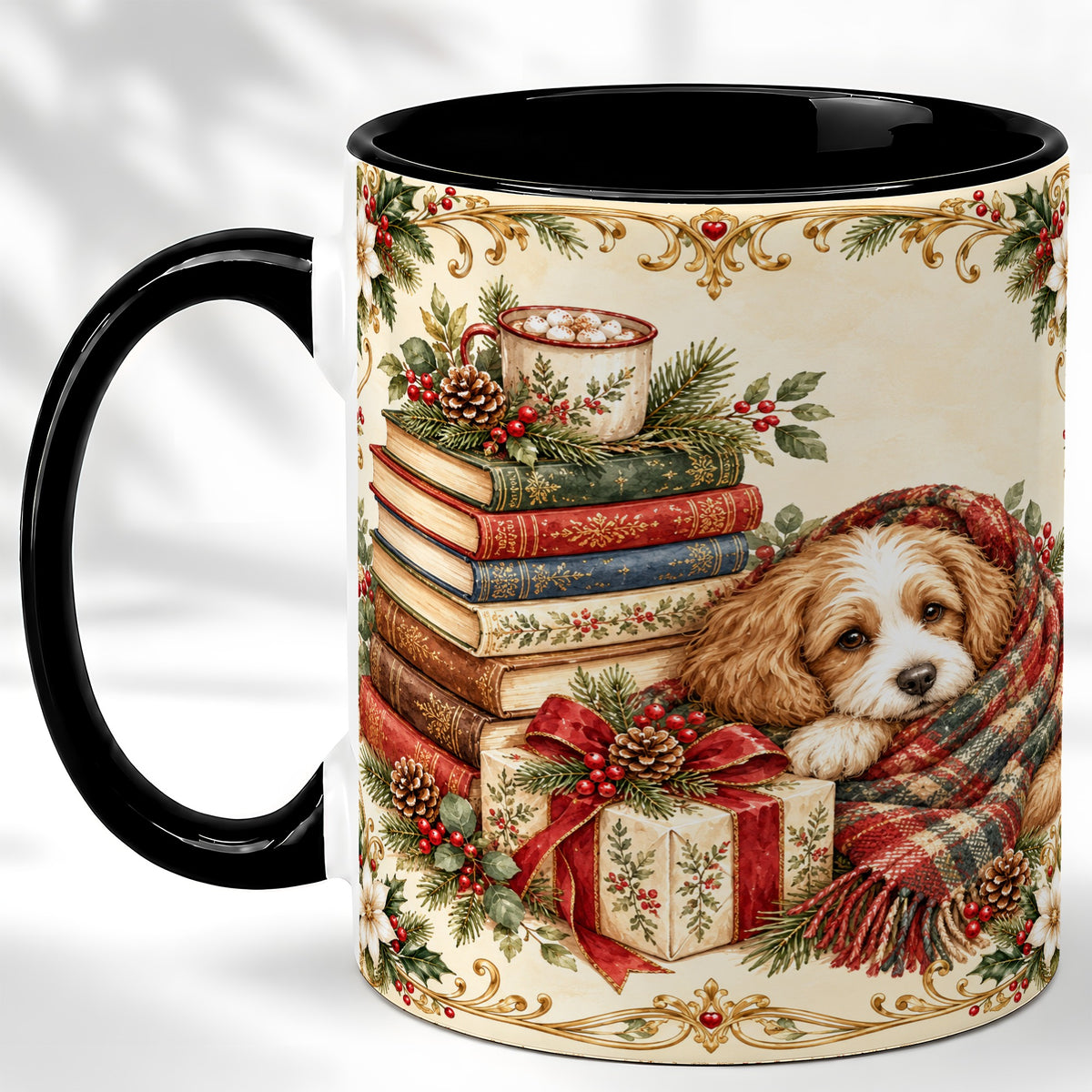 #pl[11oz|Black] Christmas Dog Books Coffee Mug, Cozy Puppy Mug, Ceramic Cup