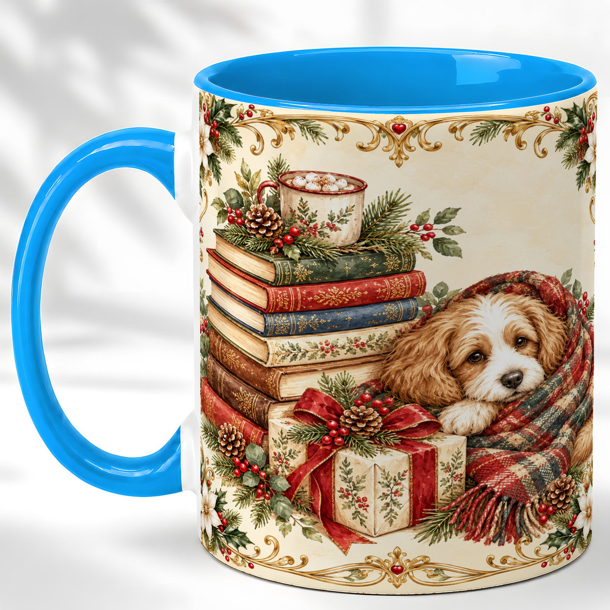 #pl[11oz|Blue] Christmas Dog Books Coffee Mug, Cozy Puppy Mug, Ceramic Cup