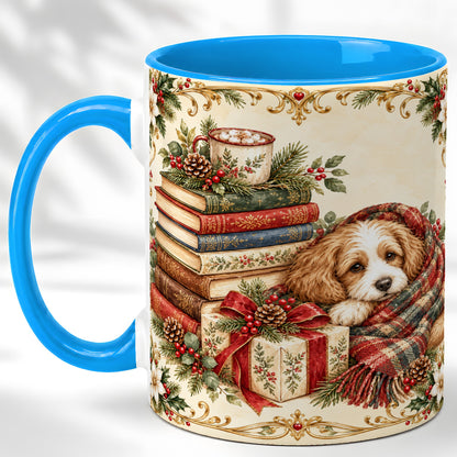 #pl[11oz|Blue] Christmas Dog Books Coffee Mug, Cozy Puppy Mug, Ceramic Cup