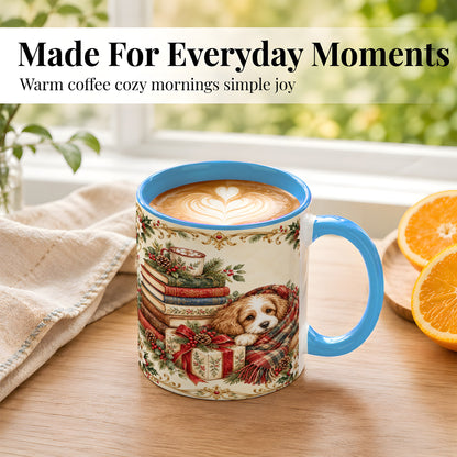 #pl[11oz|Blue] Christmas Dog Books Coffee Mug, Cozy Puppy Mug, Ceramic Cup