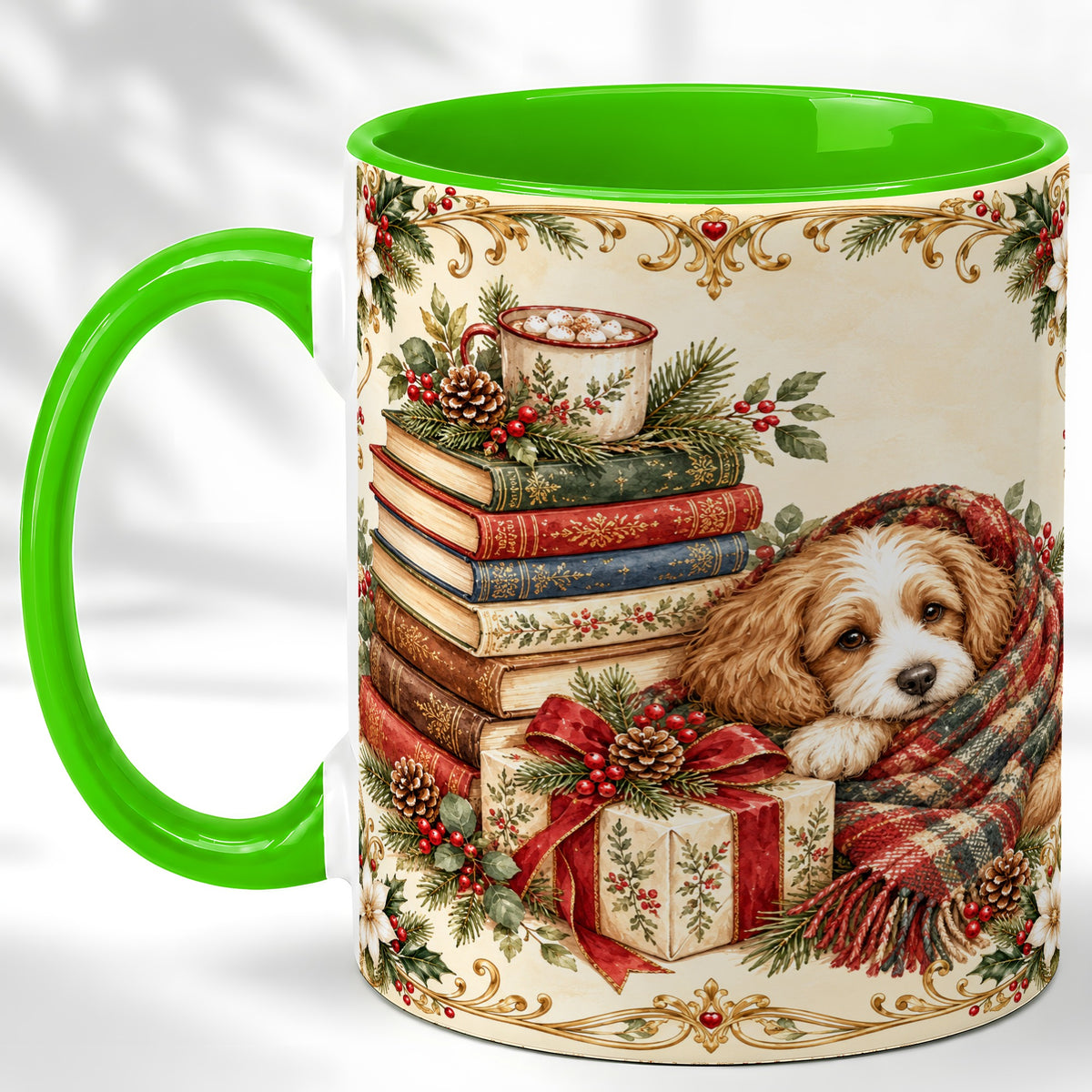 #pl[11oz|Green] Christmas Dog Books Coffee Mug, Cozy Puppy Mug, Ceramic Cup