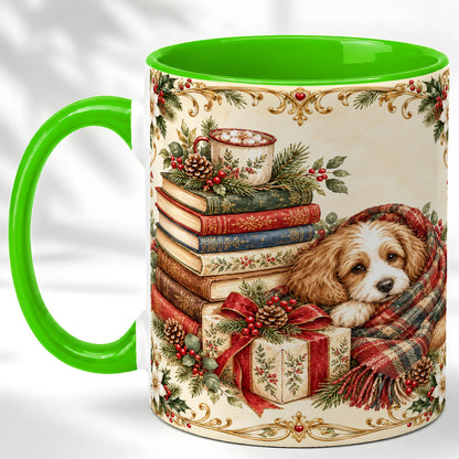 #pl[11oz|Green] Christmas Dog Books Coffee Mug, Cozy Puppy Mug, Ceramic Cup