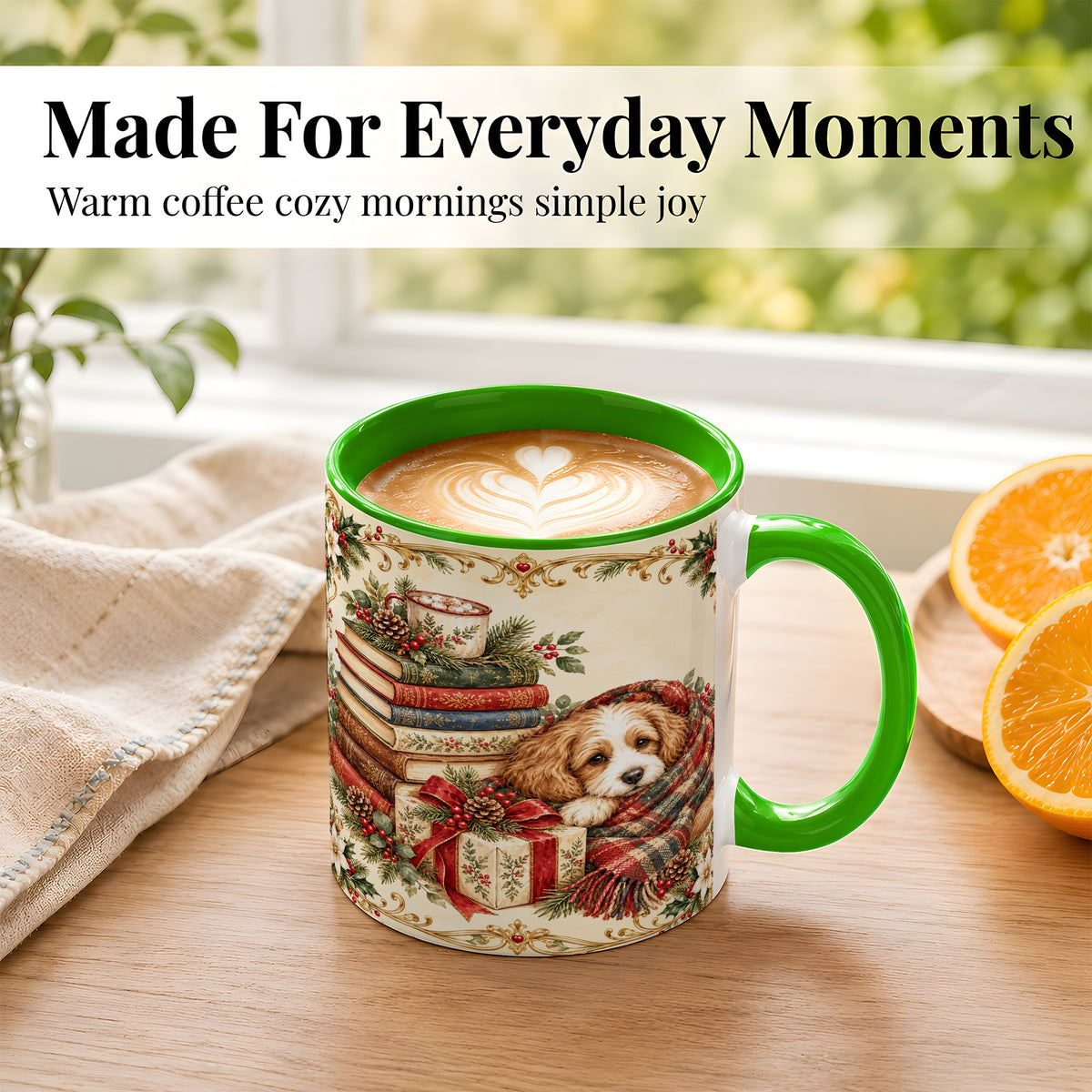 #pl[11oz|Green] Christmas Dog Books Coffee Mug, Cozy Puppy Mug, Ceramic Cup