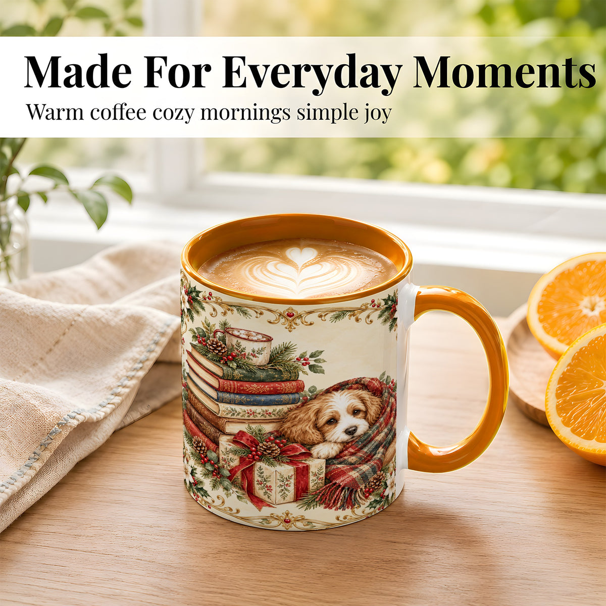 #pl[11oz|Orange] Christmas Dog Books Coffee Mug, Cozy Puppy Mug, Ceramic Cup