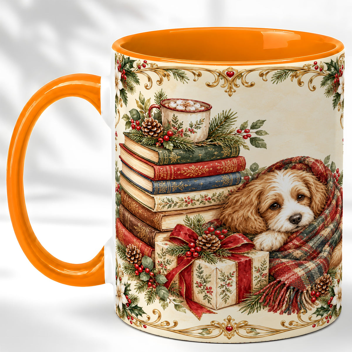 #pl[11oz|Orange] Christmas Dog Books Coffee Mug, Cozy Puppy Mug, Ceramic Cup