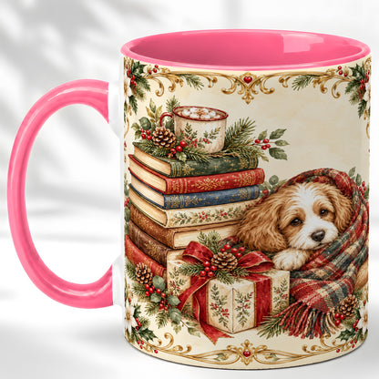 #pl[11oz|Pink] Christmas Dog Books Coffee Mug, Cozy Puppy Mug, Ceramic Cup