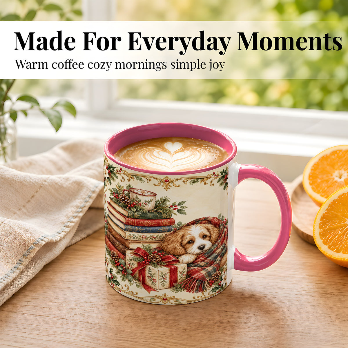 #pl[11oz|Pink] Christmas Dog Books Coffee Mug, Cozy Puppy Mug, Ceramic Cup