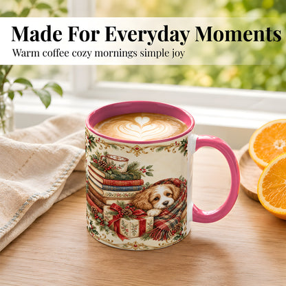 #pl[11oz|Pink] Christmas Dog Books Coffee Mug, Cozy Puppy Mug, Ceramic Cup