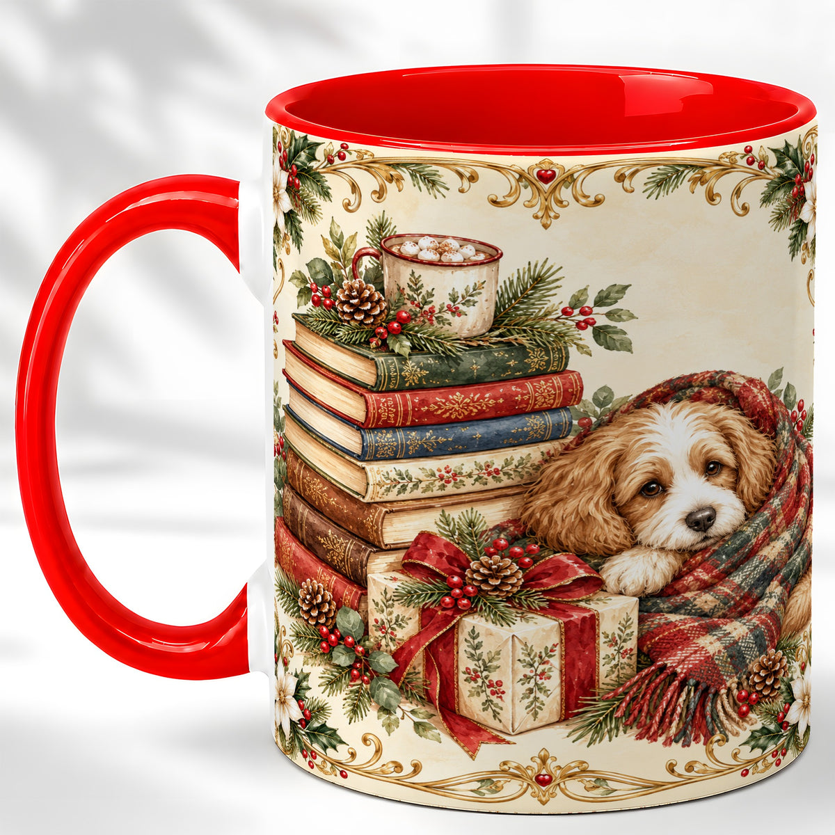 Christmas Dog Books Coffee Mug, Cozy Puppy Mug, Ceramic Cup