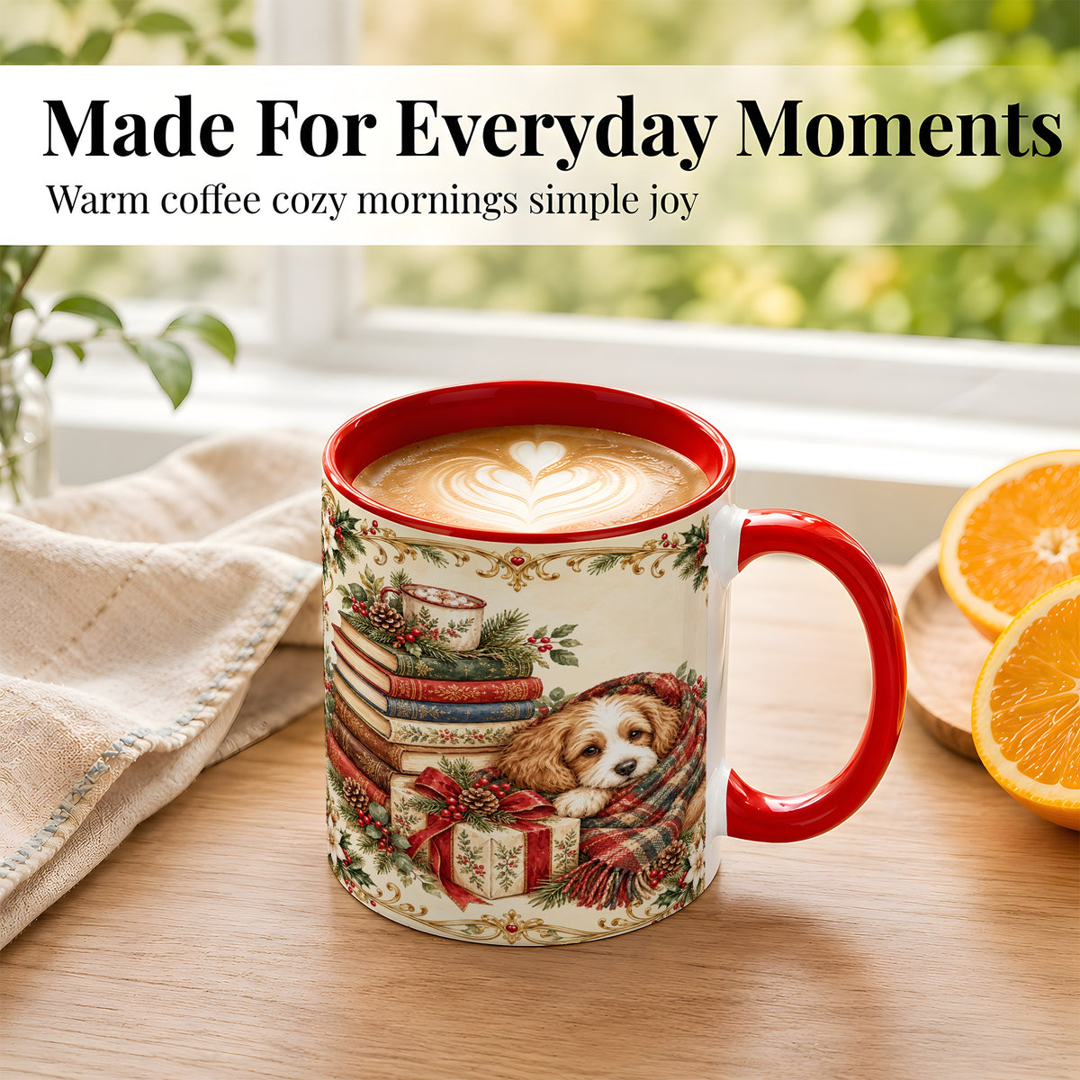 #pl[11oz|Red] Christmas Dog Books Coffee Mug, Cozy Puppy Mug, Ceramic Cup