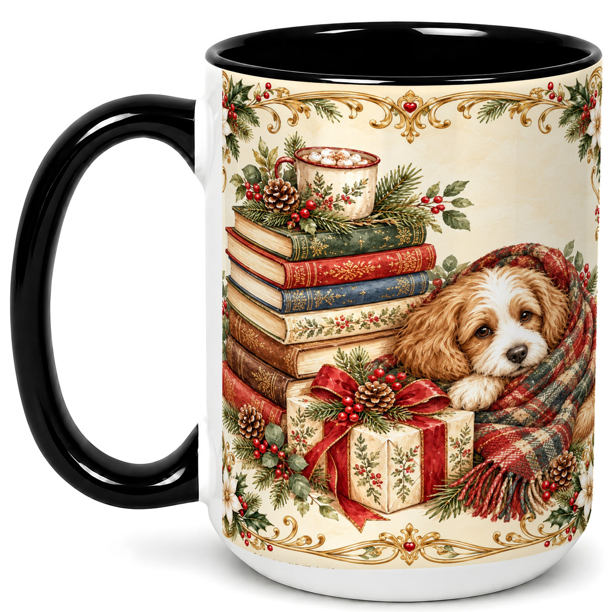 #pl[15oz|Black] Christmas Dog Books Coffee Mug, Cozy Puppy Mug, Ceramic Cup