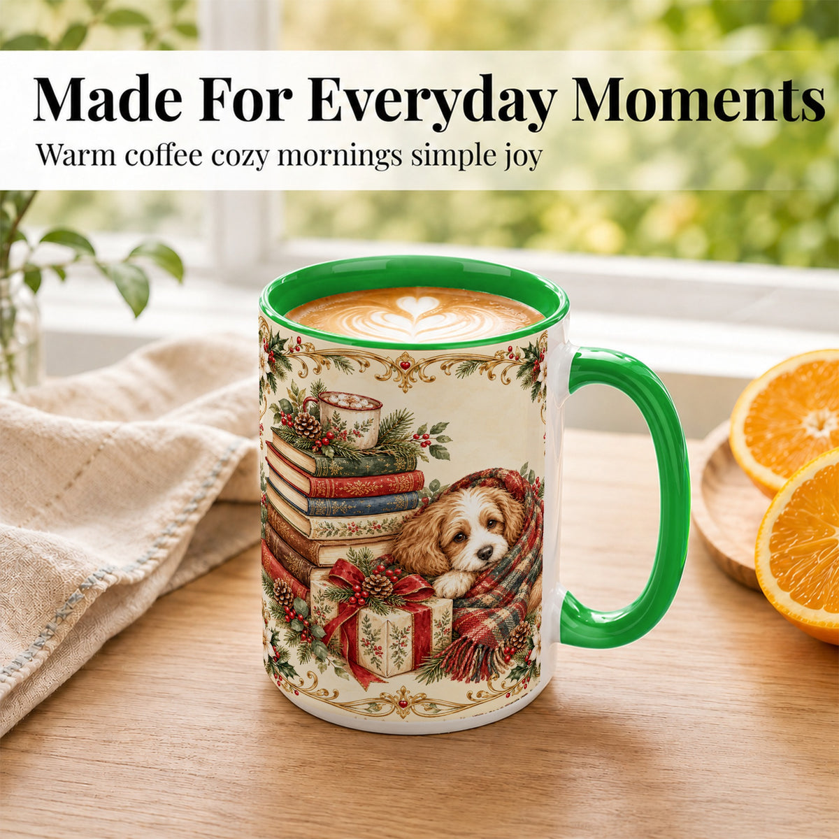 #pl[15oz|Green] Christmas Dog Books Coffee Mug, Cozy Puppy Mug, Ceramic Cup